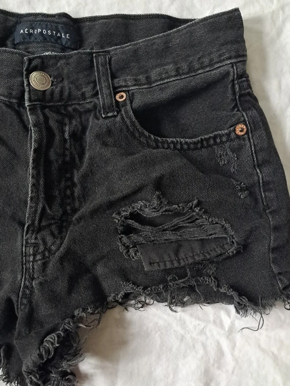 Aeropostale Black Denim Boyfriend Jean Shorts Cutoff Distressed Thrashed Rip  2